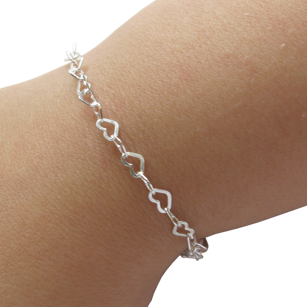 Sterling Silver Children's Flat Heart Link Charm Bracelet