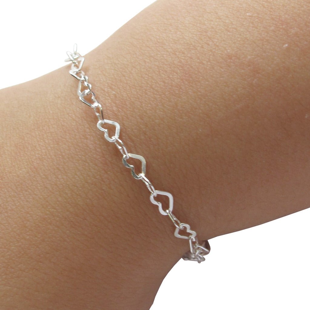 Sterling Silver Children's Flat Heart Link Charm Bracelet - Love Silver Jewellery