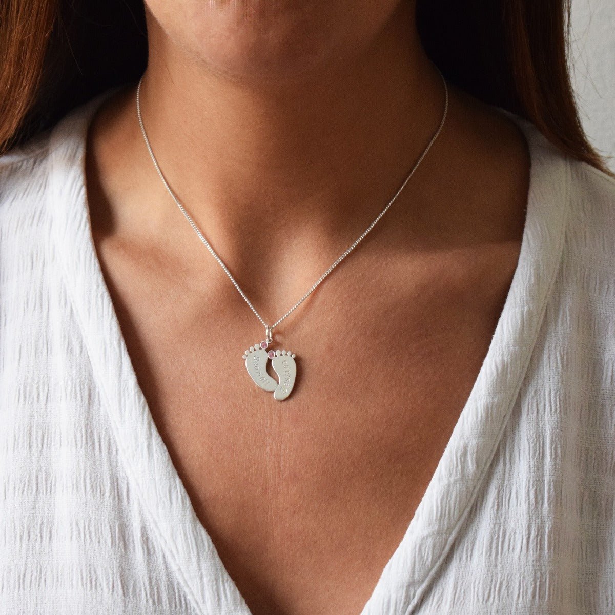 Sterling Silver Engraved Footprints Pendant With Crystals - Love Silver Jewellery