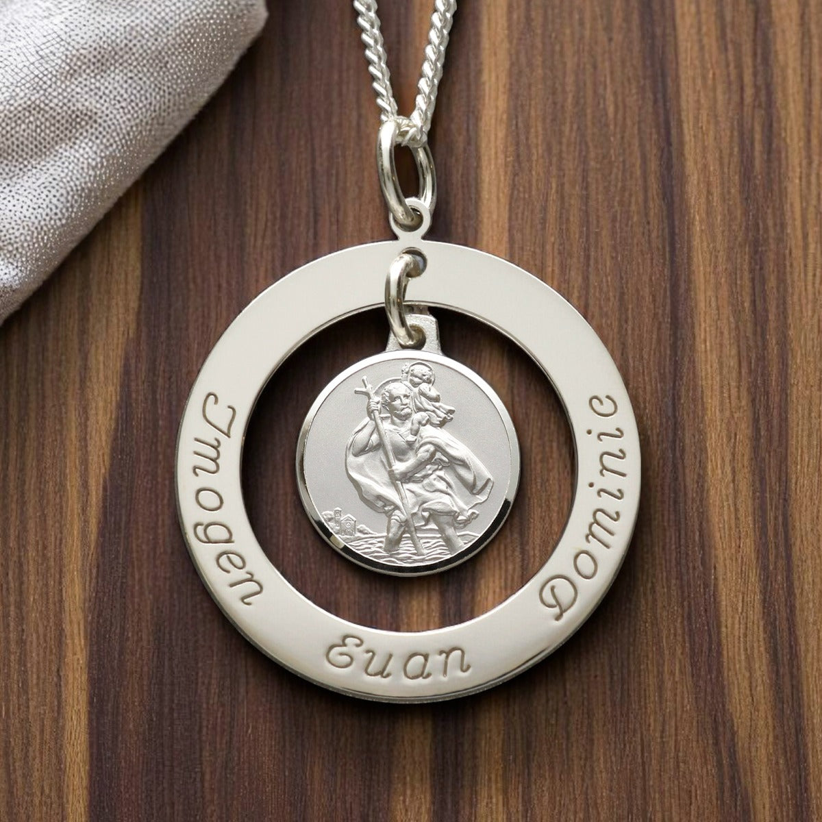 Sterling Silver Personalised Family Necklace with Hanging St Christopher Medal