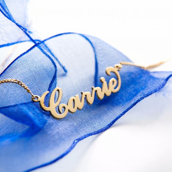 9ct Yellow Gold Plated Carrie Style Personalised Name Necklace with Curl - Love Silver Jewellery