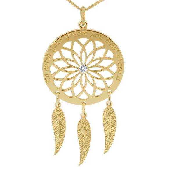 9ct Yellow Gold Dream Catcher and Feathers Necklace With Crystal - Love Silver Jewellery