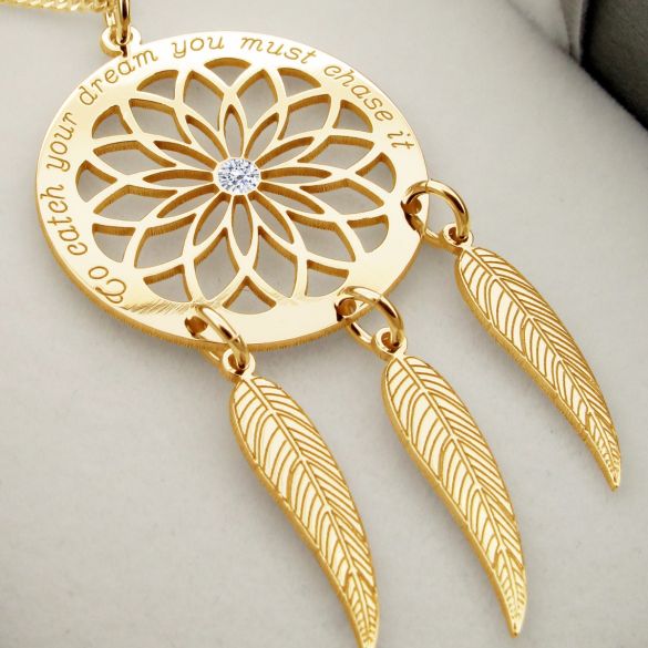 9ct Yellow Gold Plated Dream Catcher and Feathers Necklace - Love Silver Jewellery