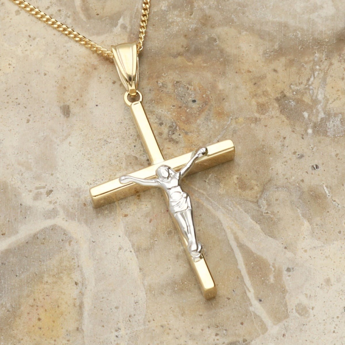 9ct Yellow Gold & 9ct White Gold Hollow Crucifix Pendant and Optional Chain - Love Silver Jewellery