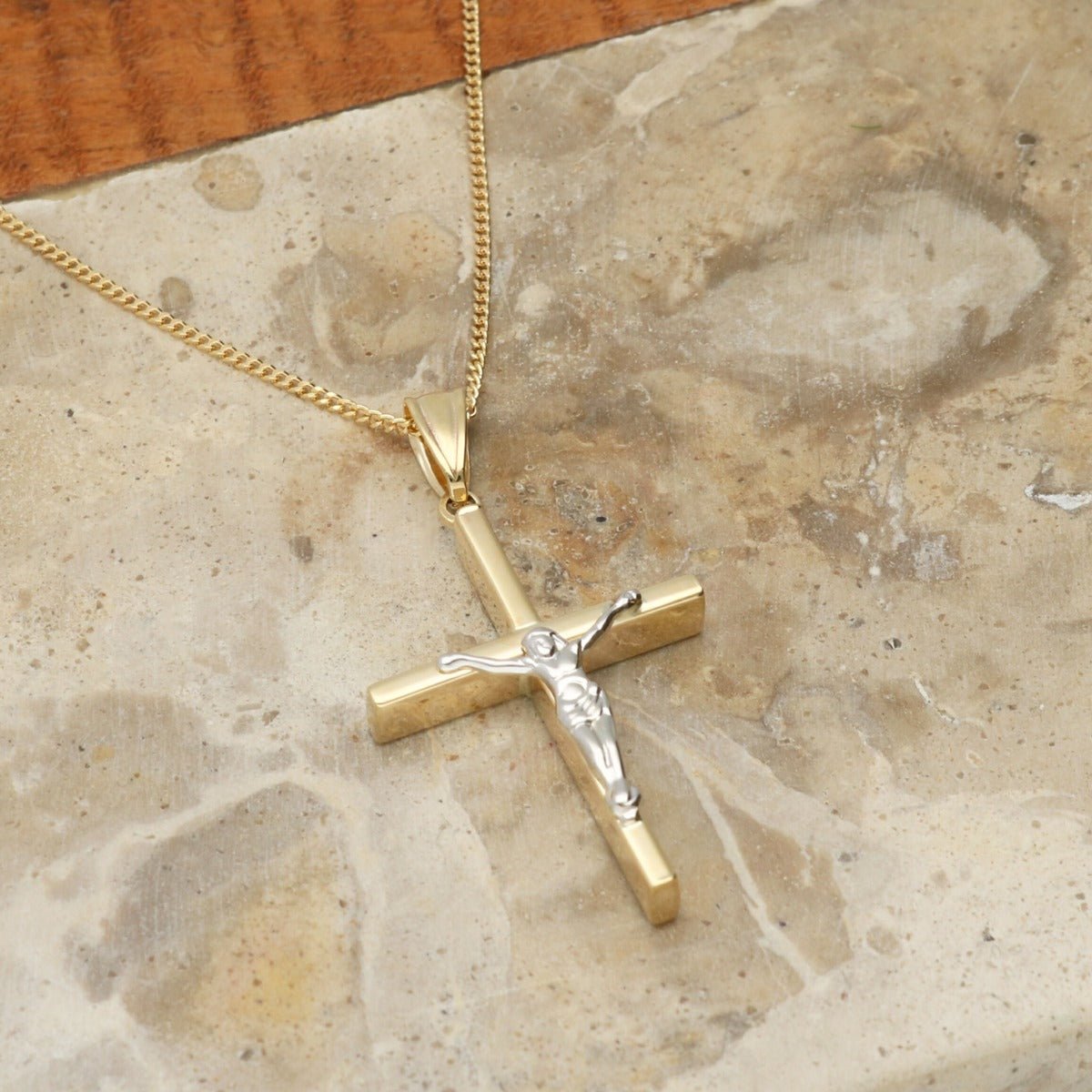 9ct Yellow Gold & 9ct White Gold Hollow Crucifix Pendant and Optional Chain - Love Silver Jewellery