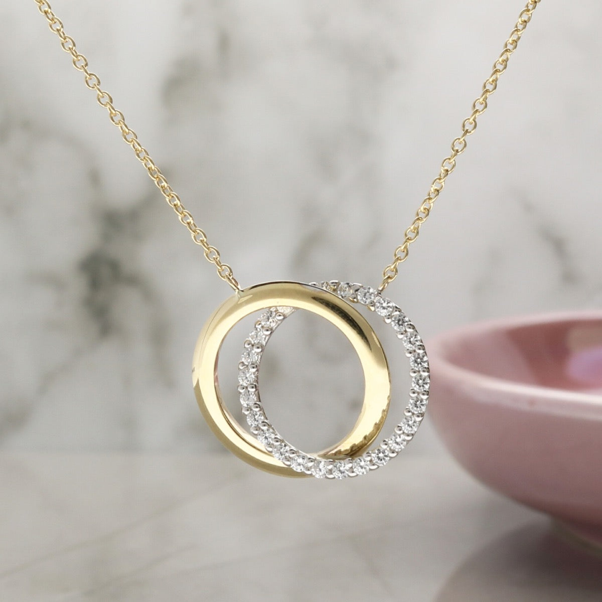 9ct Gold Plain & CZ Double Circles Pendant Necklace - Love Silver Jewellery