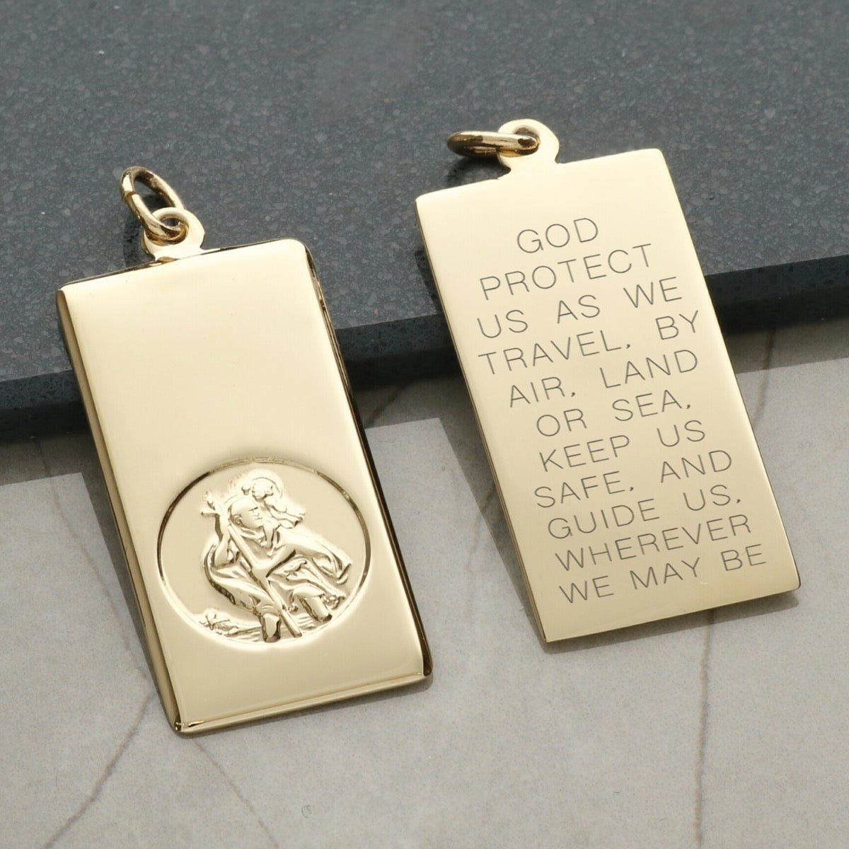 9ct Yellow Gold Large St Christopher Ingot With Travellers Prayer Optional Engraving and Chain - Love Silver Jewellery