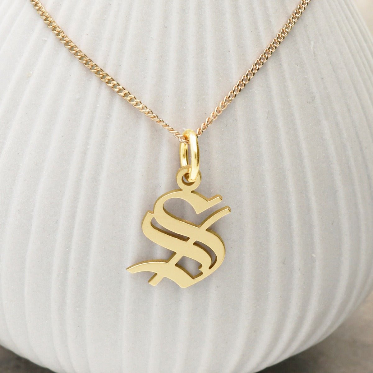 9ct Yellow Gold Gothic Initial & Optional Chain - Love Silver Jewellery