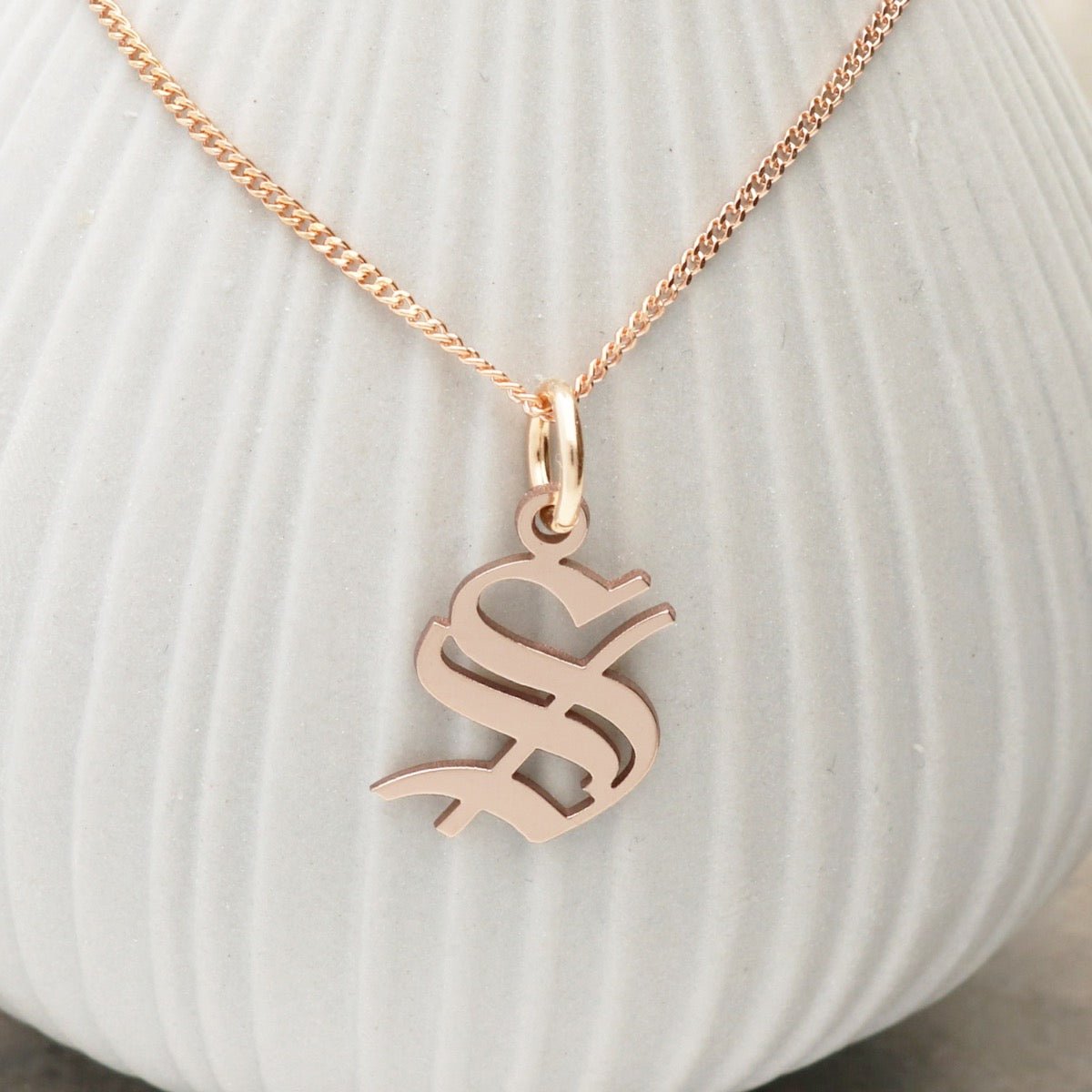 9ct Rose Gold Plated Gothic Initial & Optional Chain - Love Silver Jewellery