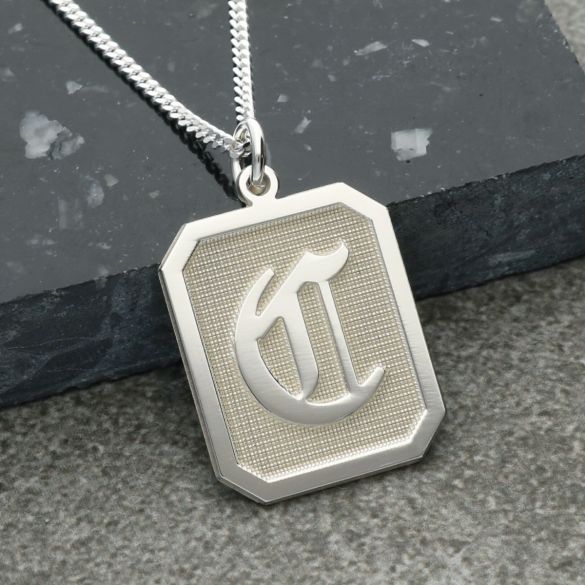 Sterling Silver 3D Gothic Initial Tag Necklace With Optional Engraving - Love Silver Jewellery