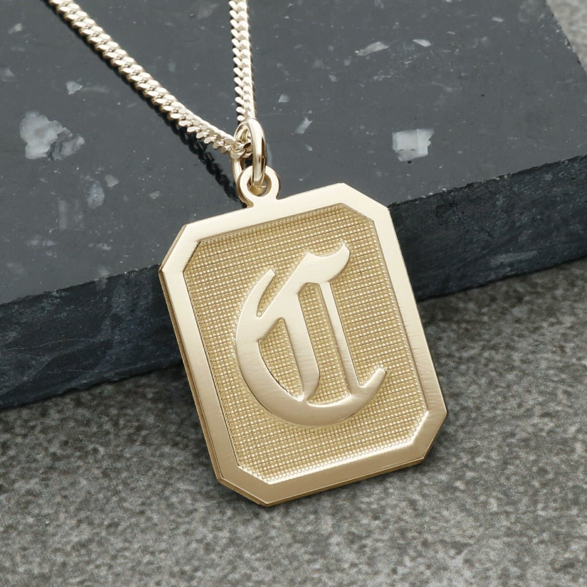 9ct Yellow Gold Plated 3D Gothic Initial Tag Necklace With Optional Engraving - Love Silver Jewellery
