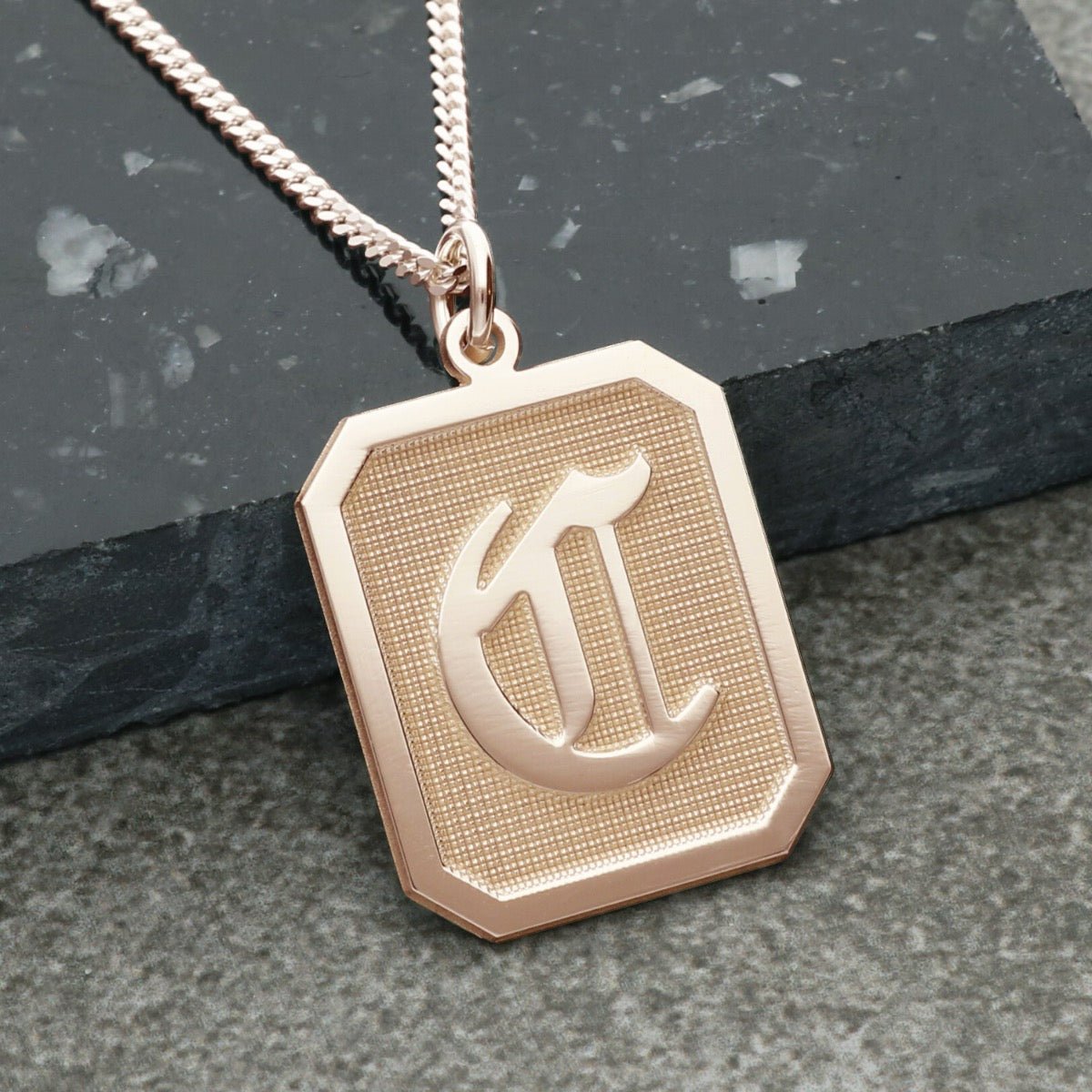 9ct Rose Gold Plated 3D Gothic Initial Tag Necklace With Optional Engraving - Love Silver Jewellery