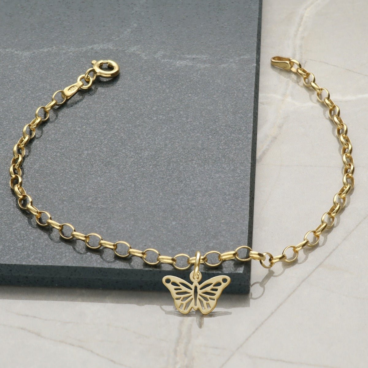 9ct Yellow Gold Plated Belcher Anklet With Butterfly Charm - Love Silver Jewellery