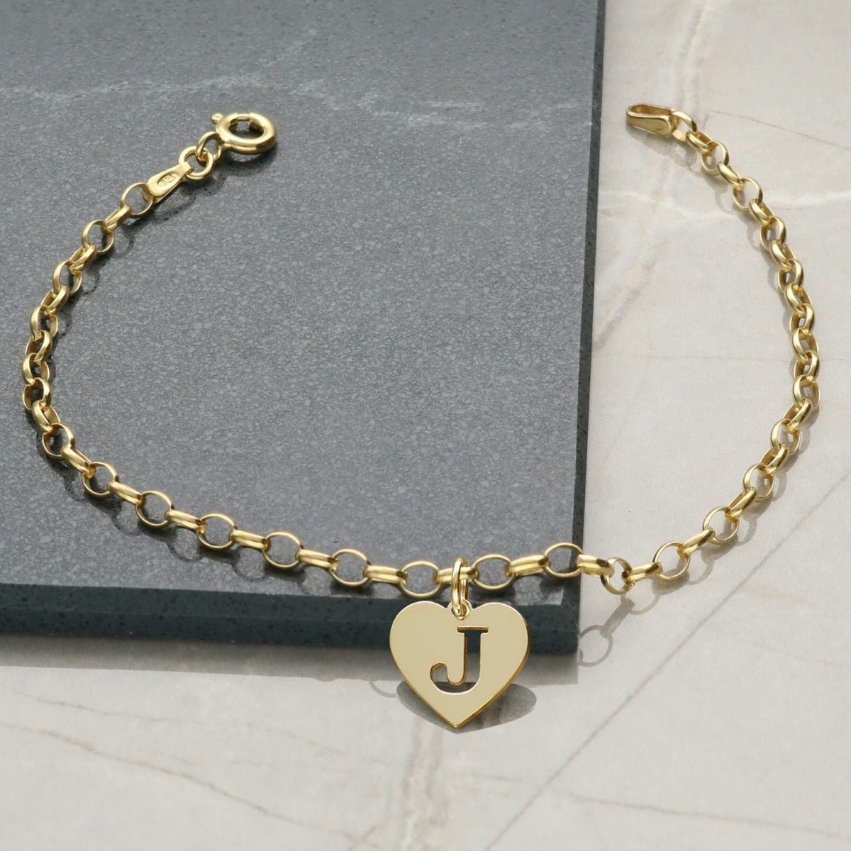 9ct Yellow Gold Plated Belcher Anklet With Initial Heart Charm - Love Silver Jewellery