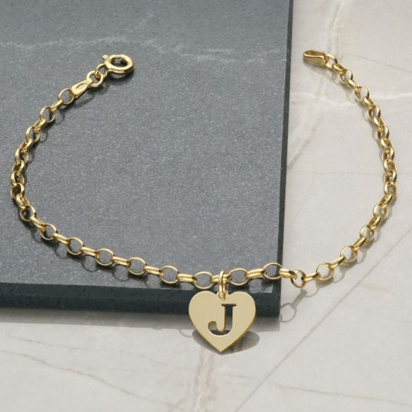 9ct Yellow Gold Vermeil Bracelet With Heart Initial Charm And Chain Style Choice