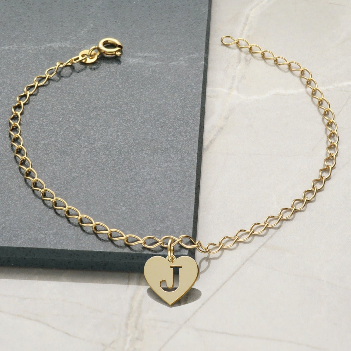 9ct Yellow Gold Plated Curb Anklet With Initial Heart Charm - Love Silver Jewellery