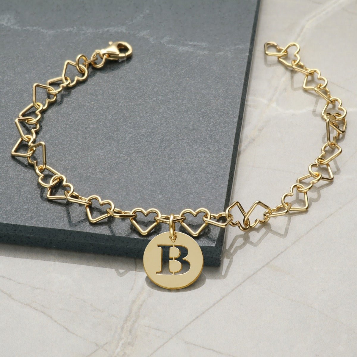 9ct Yellow Gold Plated Light Heart Charm Bracelet With Initial Disc Charm - Love Silver Jewellery