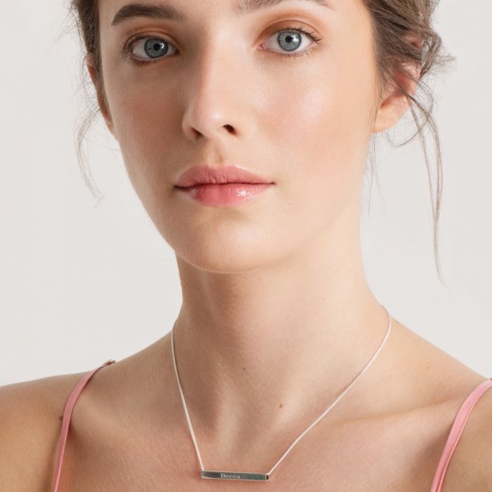 Sterling Silver 3D Horizontal Engraved Name Bar Pendant With Crystal Or Real Diamond & Chain