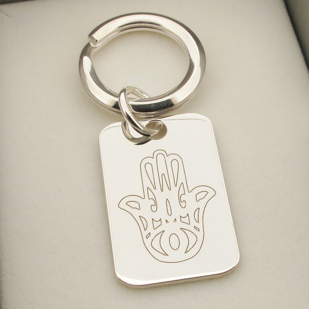Sterling Silver Hamsa Hand of Fatima Rectangle Keyring With Optional Engraving - Keyring - Love Silver Jewellery