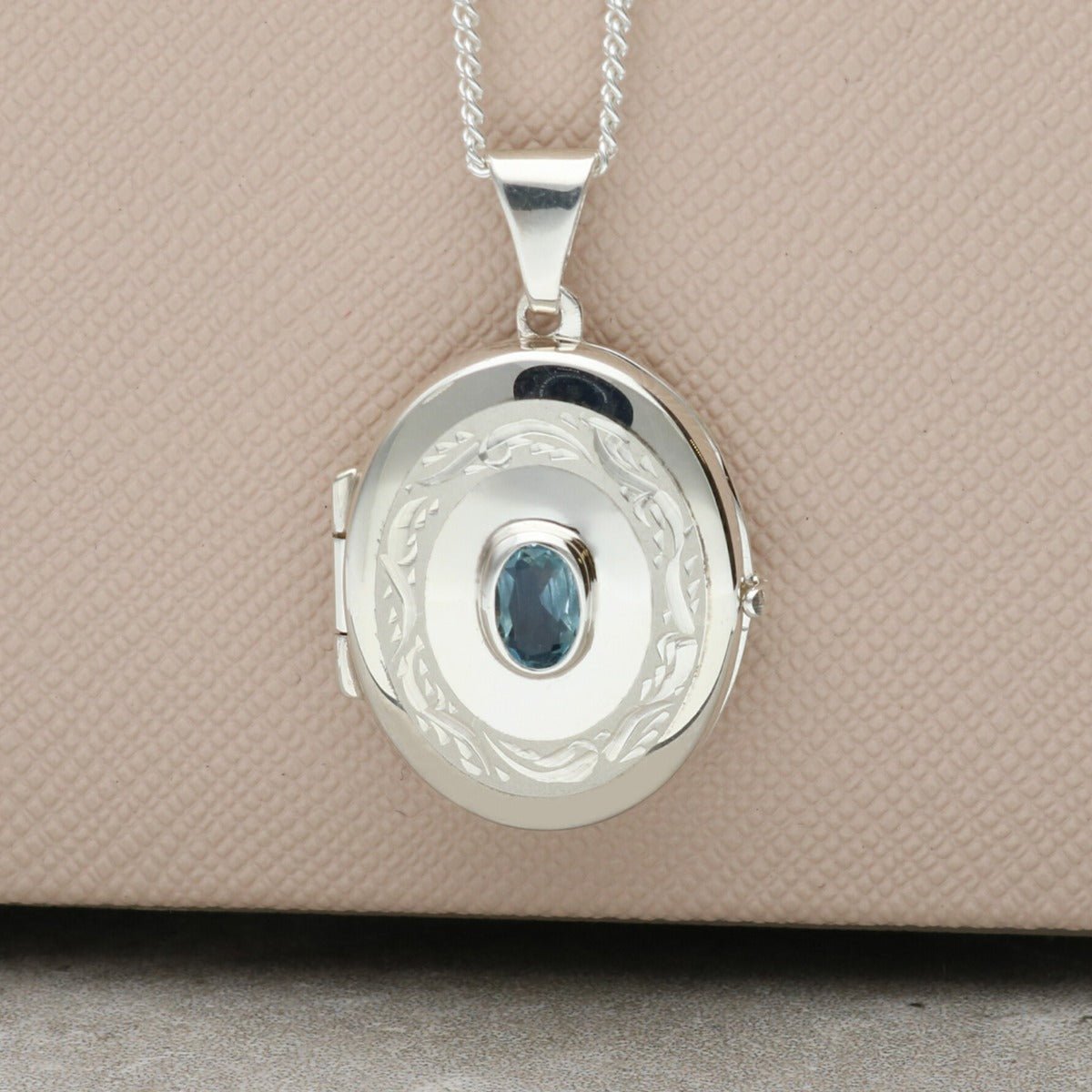 Sterling Silver Oval Locket With Blue Topaz & Optional Engraving - Love Silver Jewellery