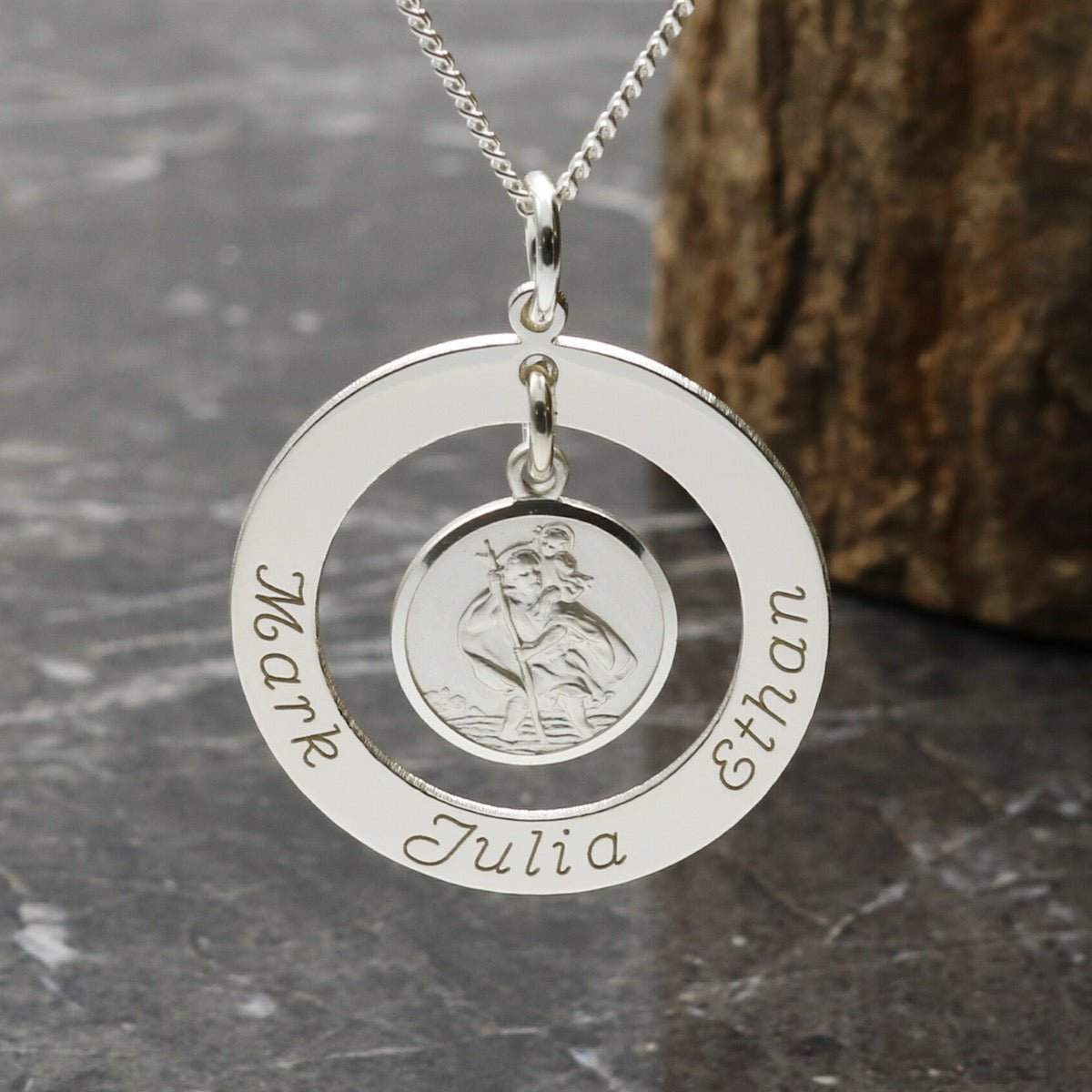 Sterling Silver Personalised Family Necklace with Hanging St Christopher Medal - Love Silver Jewellery