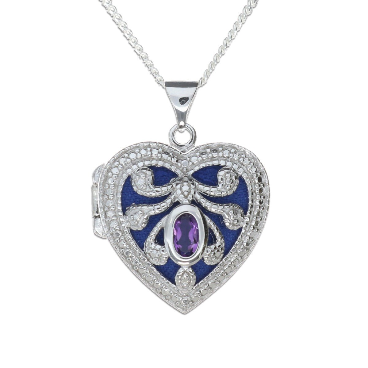 Sterling Silver Heart Locket Set With CZ & Amethyst With Optional Engraving - Love Silver Jewellery