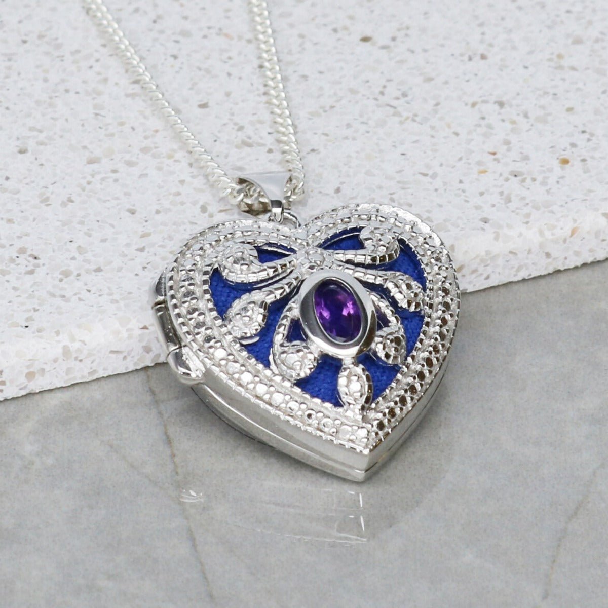 Sterling Silver Heart Locket Set With CZ & Amethyst With Optional Engraving - Love Silver Jewellery
