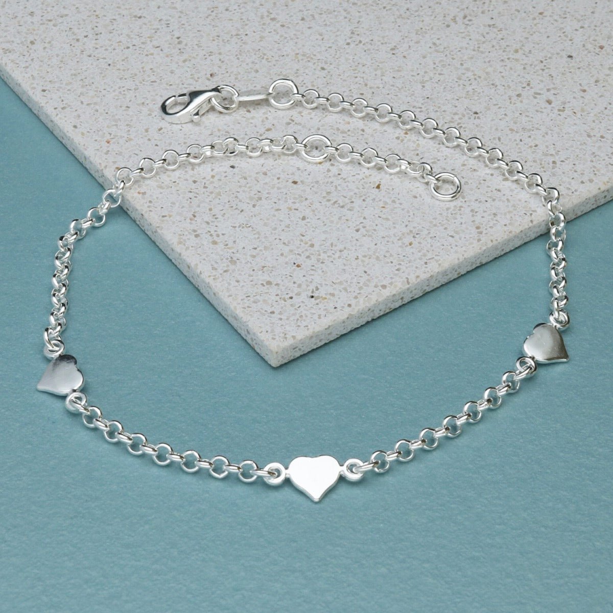 Sterling Silver Belcher Link and Hearts Anklet - Love Silver Jewellery