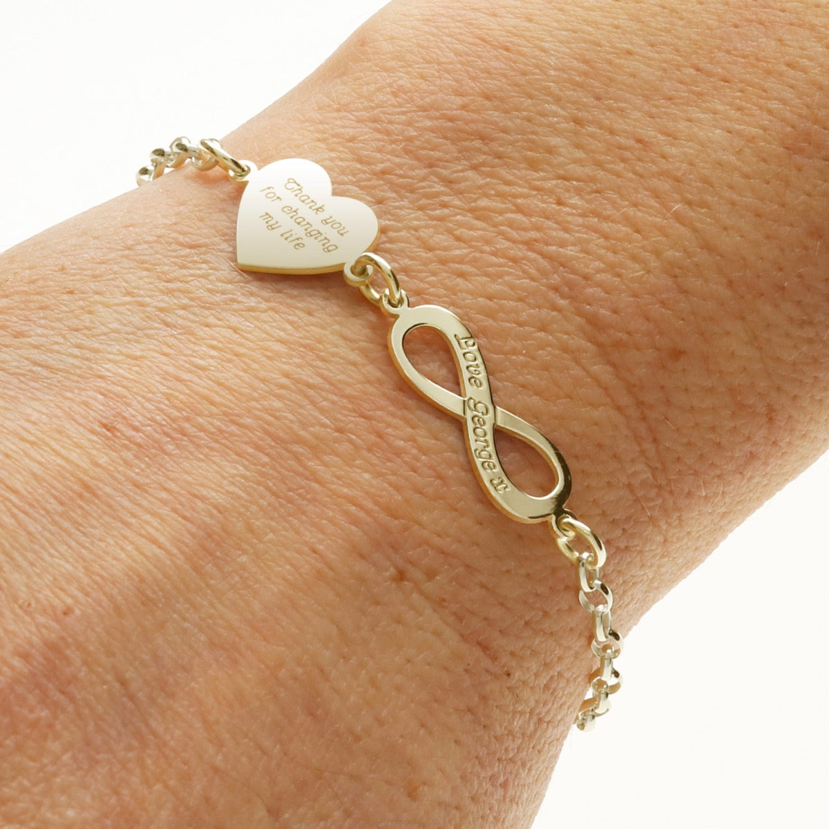 9ct Yellow Gold Vermeil Engraved Heart and Infinity Bracelet