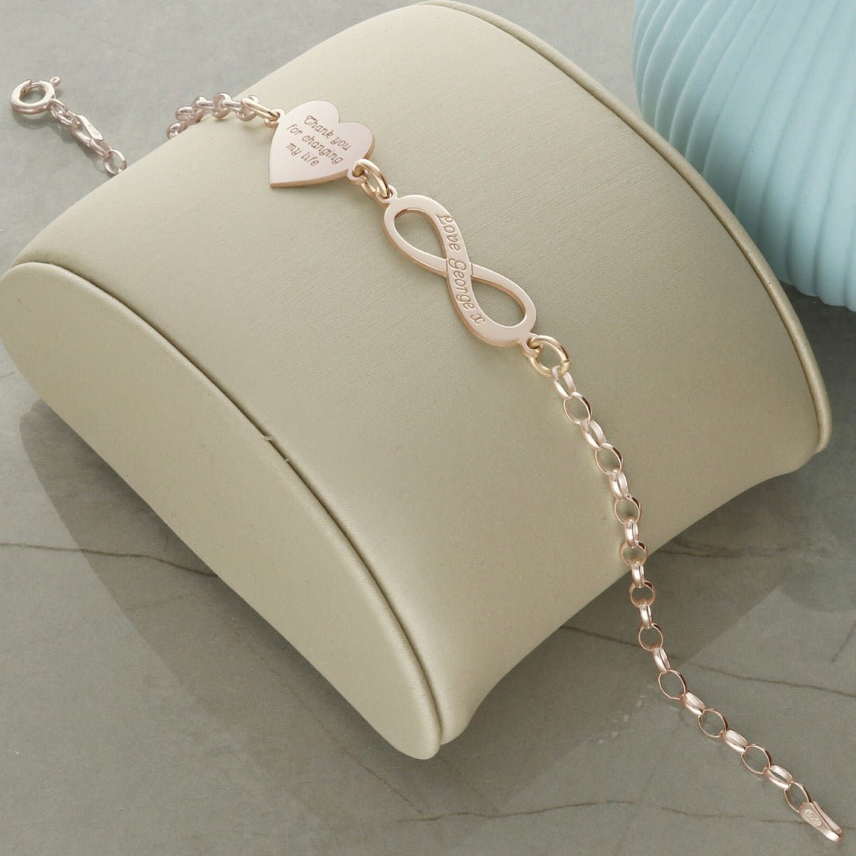 9ct Rose Gold Plated Engraved Heart and Infinity Bracelet - Love Silver Jewellery