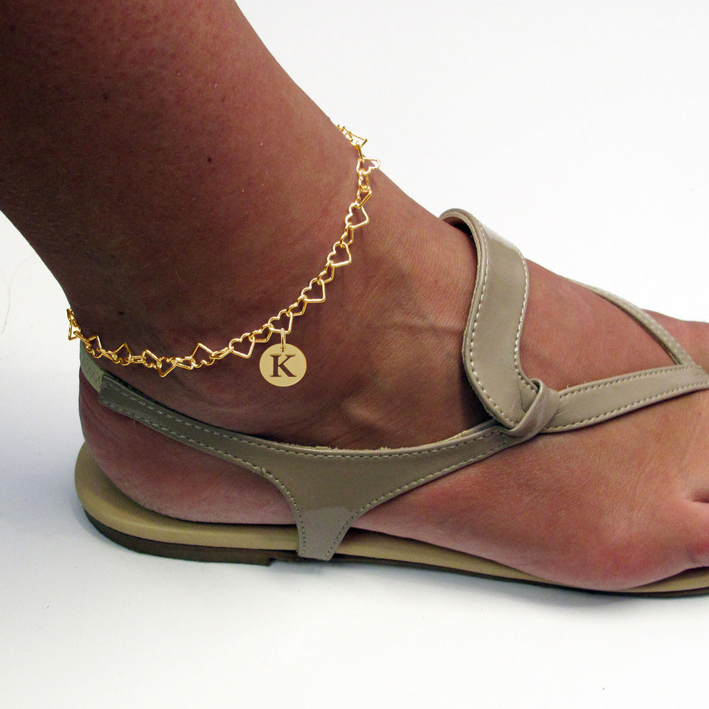 9ct Yellow Gold Vermeil Light Heart Charm Anklet With Initial Disc Charm On Foot
