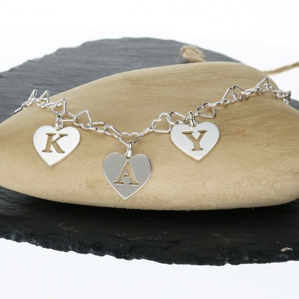 Sterling Silver Initial Name Cut Out Heart Charms Bracelet Or Anklet - Love Silver Jewellery