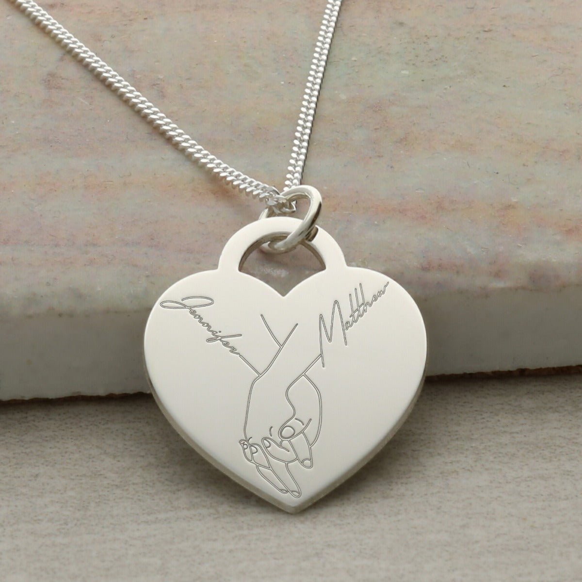 Holding Hands Personalised Heart Pendant Necklace in Sterling Silver - Love Silver Jewellery