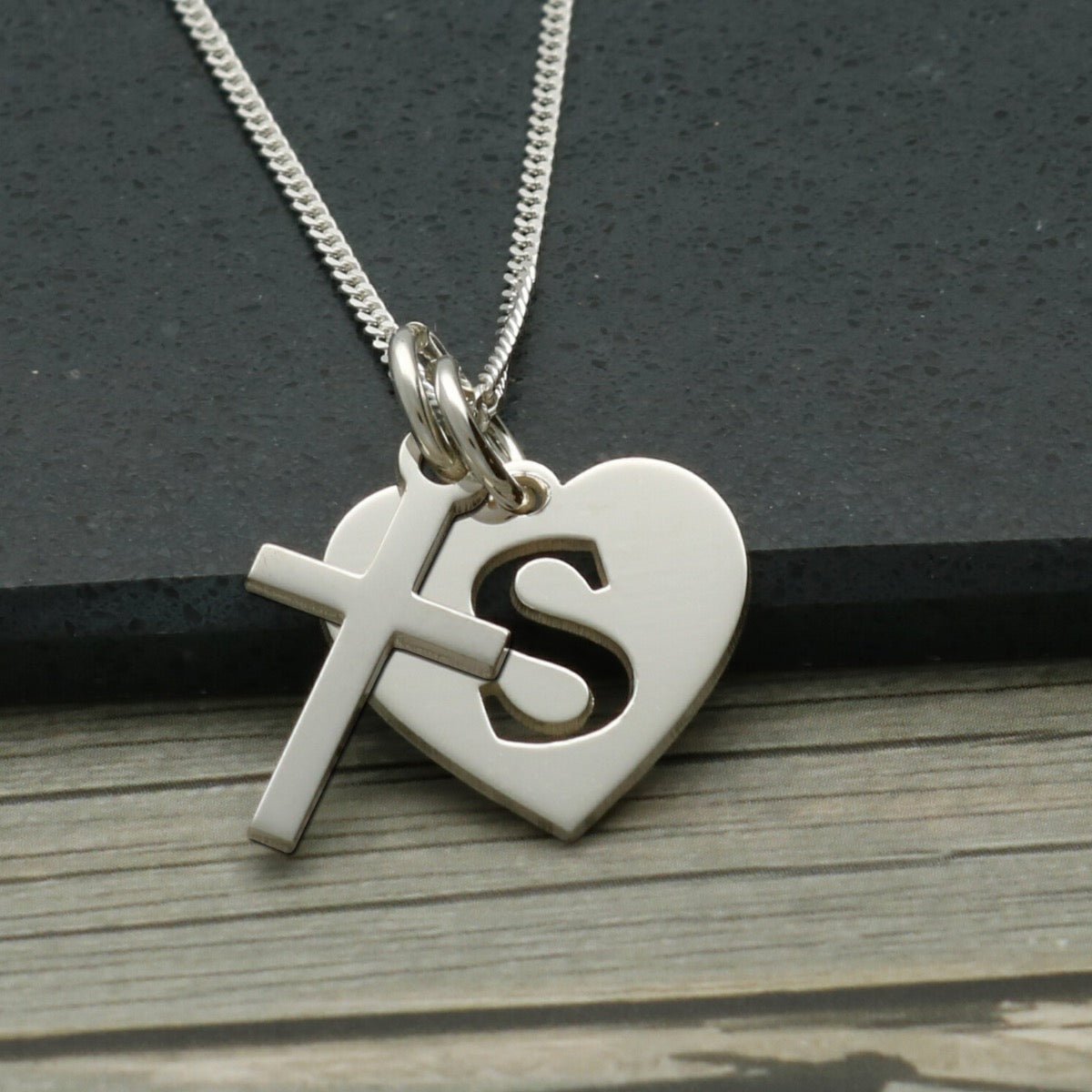 Sterling Silver Initial Heart and Cross Pendants - Love Silver Jewellery