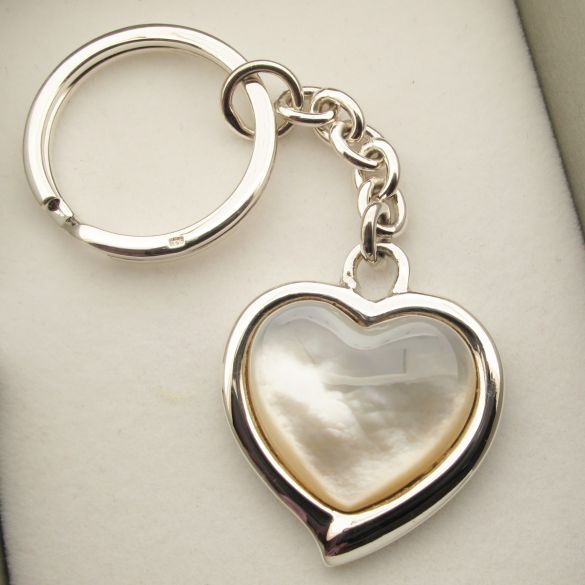 Sterling Silver Mother of Pearl Heart Keyring With Optional Engraving