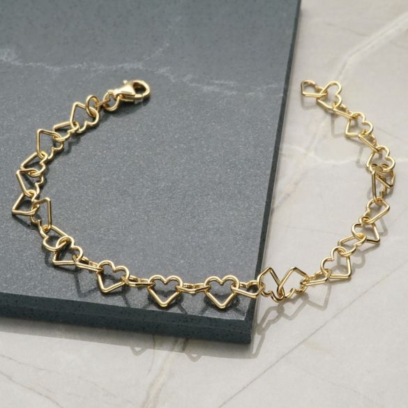 Yellow Gold Plated Heart Link Charm Bracelet - Love Silver Jewellery