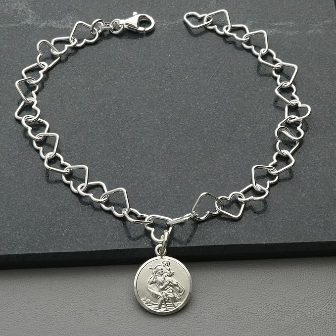 Sterling Silver Heart Link Bracelet With St Christopher Charm & Optional Engraving