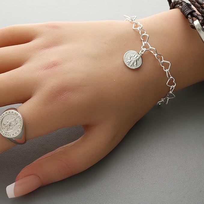 Sterling Silver Heart Link Bracelet With St Christopher Charm & Optional Engraving