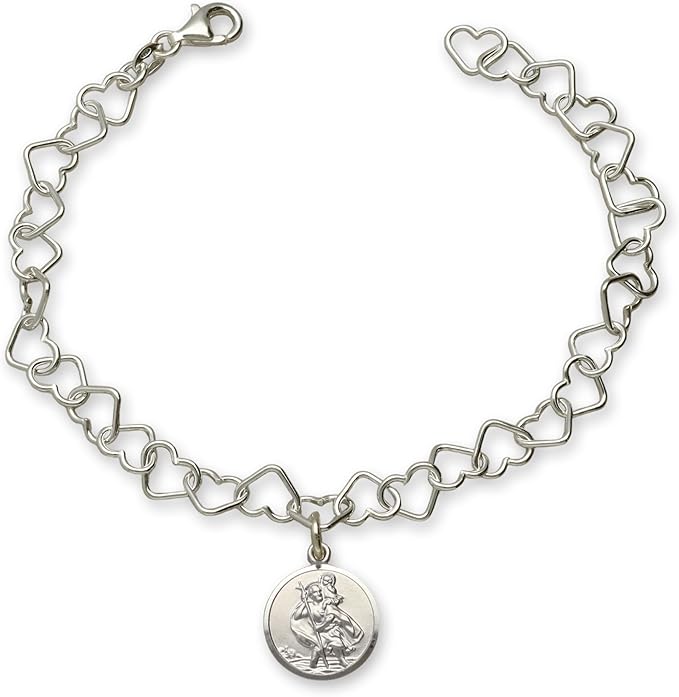 Sterling Silver Heart Link Bracelet With St Christopher Charm & Optional Engraving