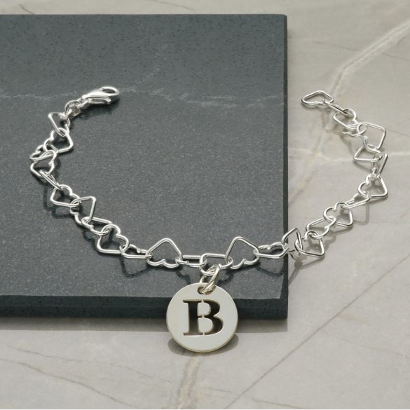Sterling Silver Bracelet With Initial Disc Charm & Chain Style Choice