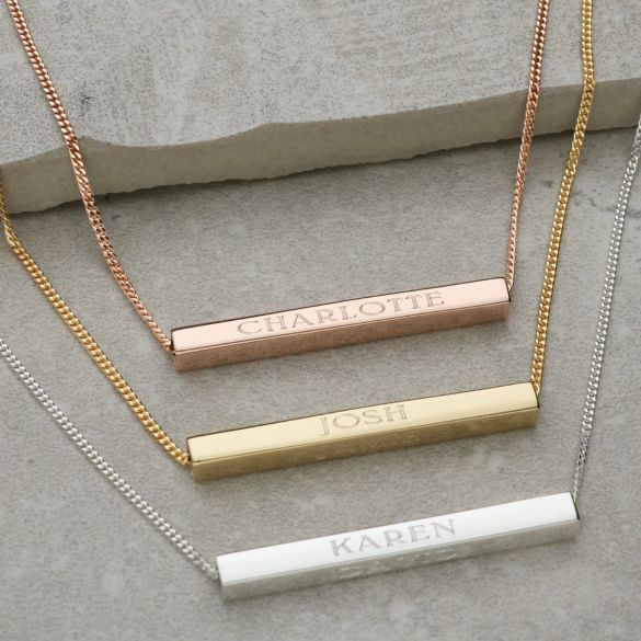 3D Horizontal Engraved Name Bar Pendant With Chain - Love Silver Jewellery