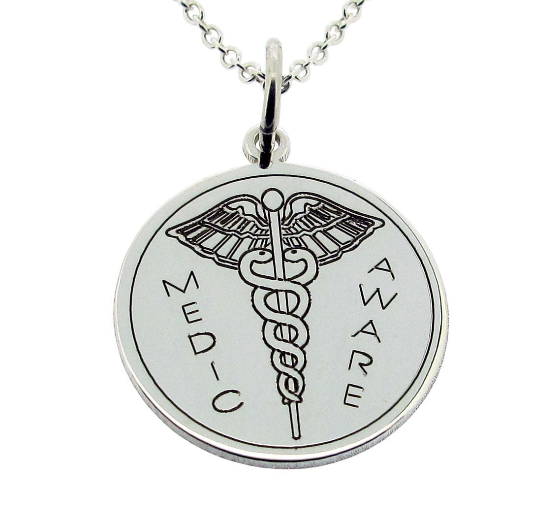 Sterling Silver Engraved Medic Aware Eagle Round Pendant & Optional Chain - Love Silver Jewellery