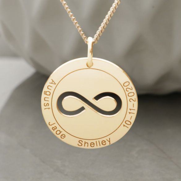 Solid Yellow Gold Personalised Infinity Disc Pendant - Love Silver Jewellery