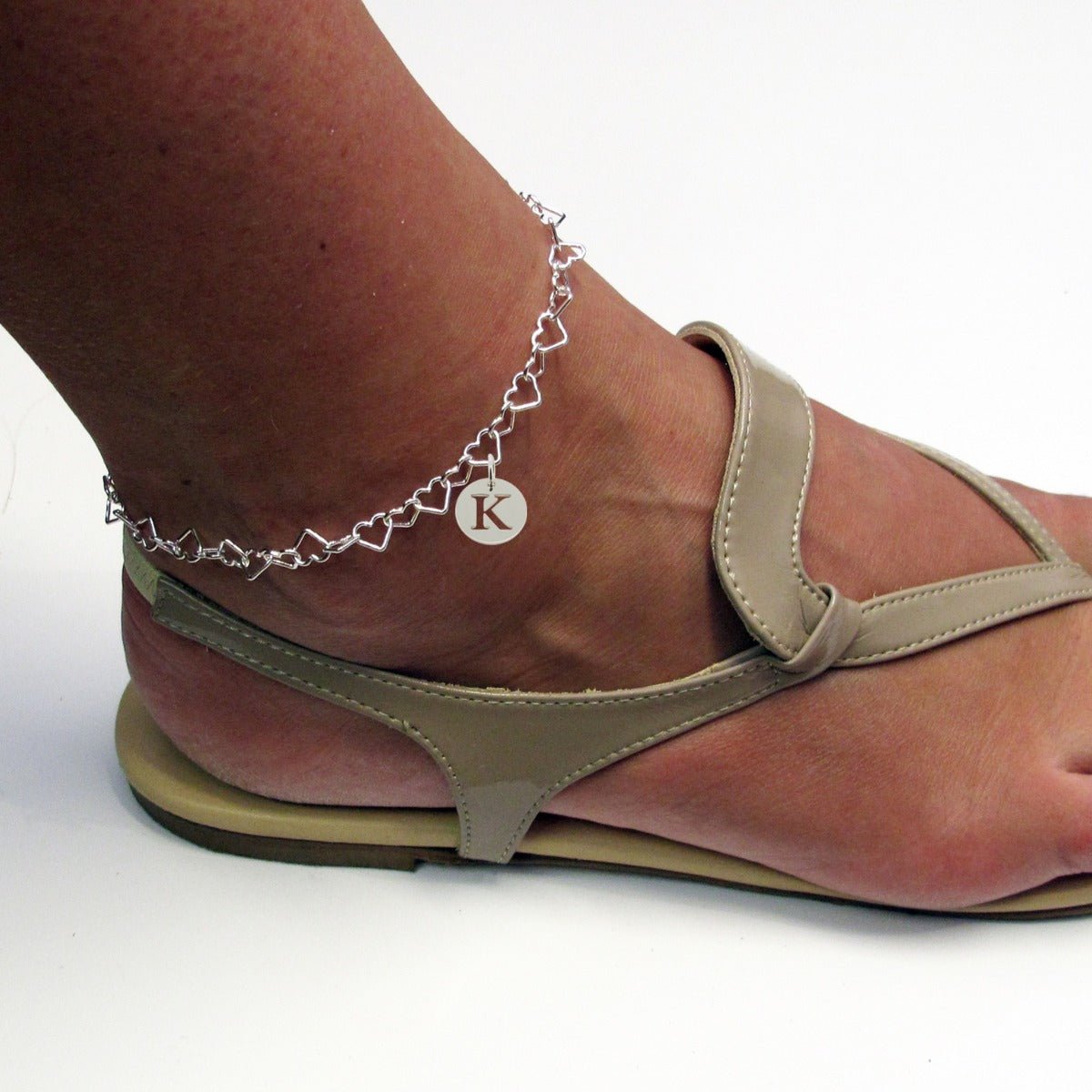 Sterling Silver Light Heart Charm Anklet With Initial Disc Charm - Love Silver Jewellery