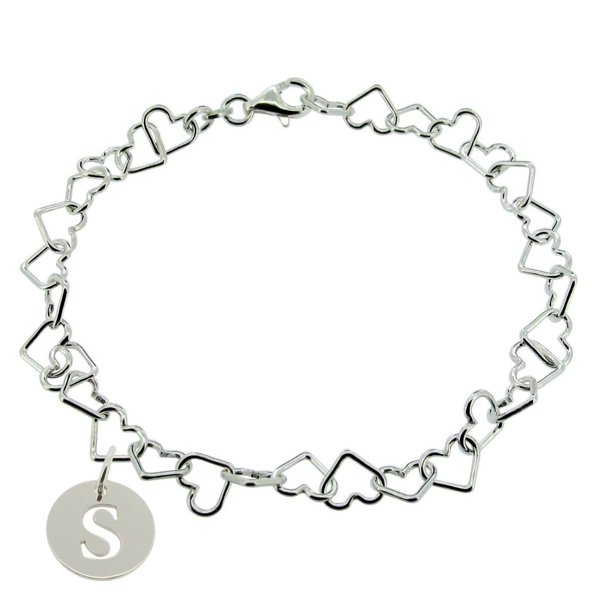 Sterling Silver Light Heart Charm Bracelet With Initial Disc Charm - Love Silver Jewellery
