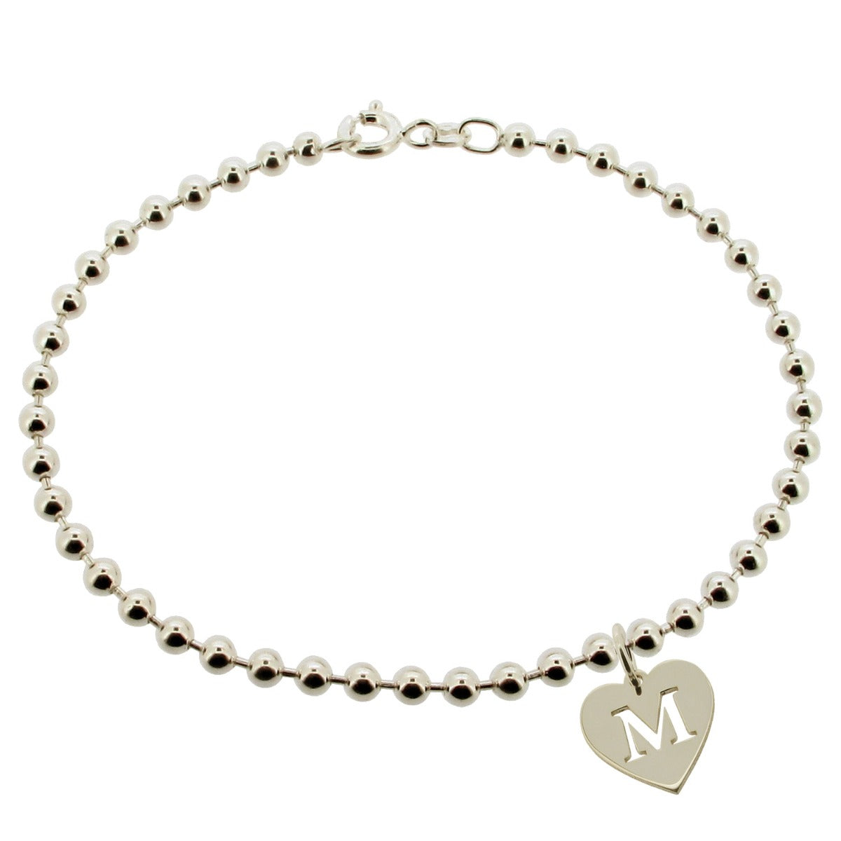 Sterling Silver Bead Ball Bracelet With Initial Heart Charm
