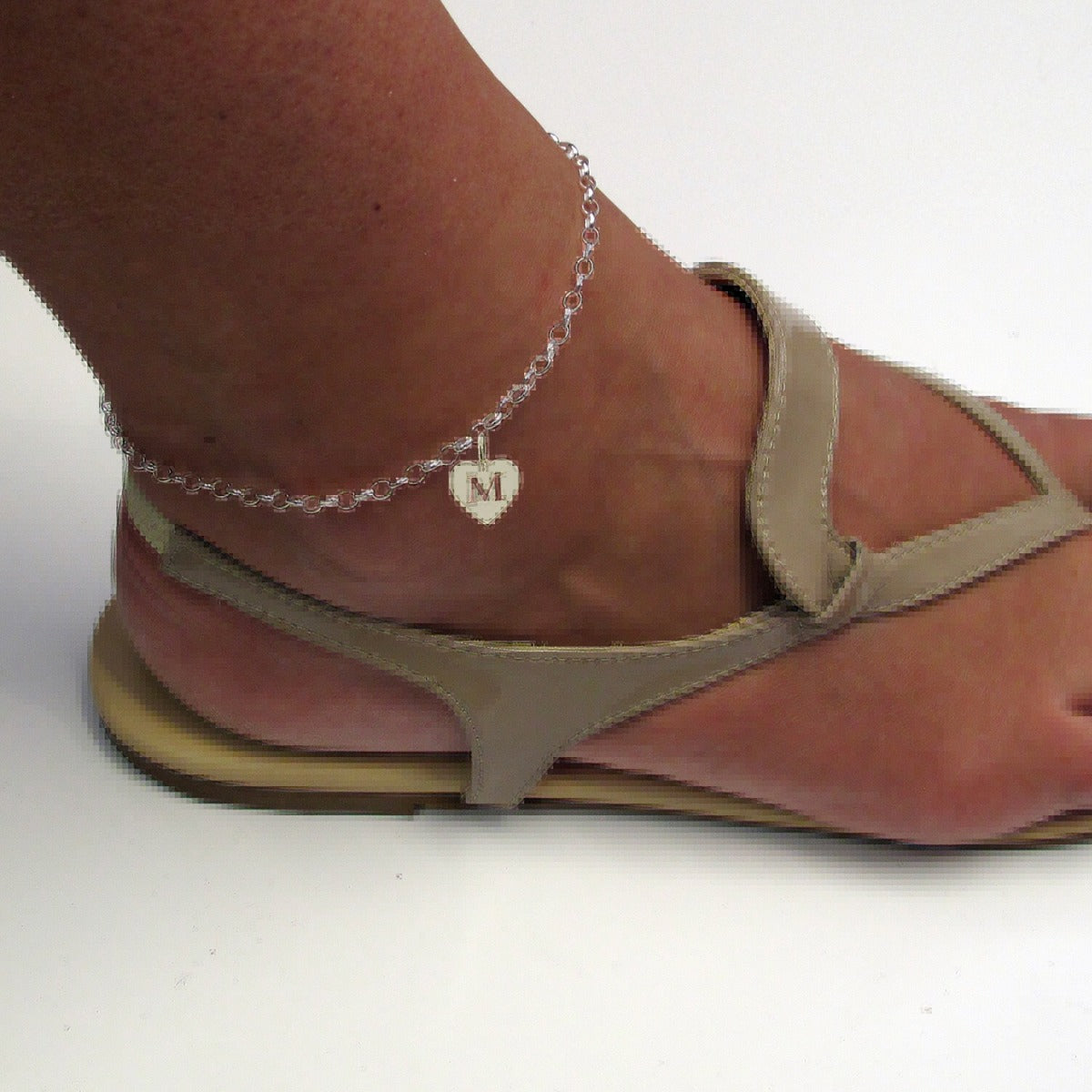 Sterling Silver Belcher Anklet With Initial Heart Charm On Foot
