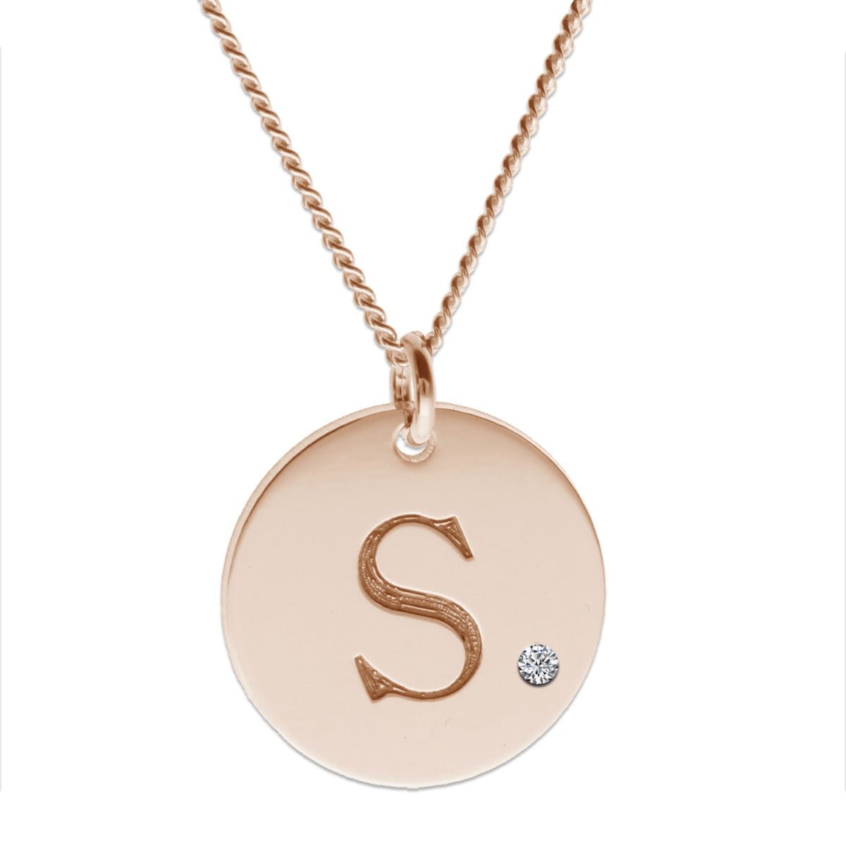 9ct Rose Gold Engraved Initial Disc With Crystal Or Real Diamond - Love Silver Jewellery