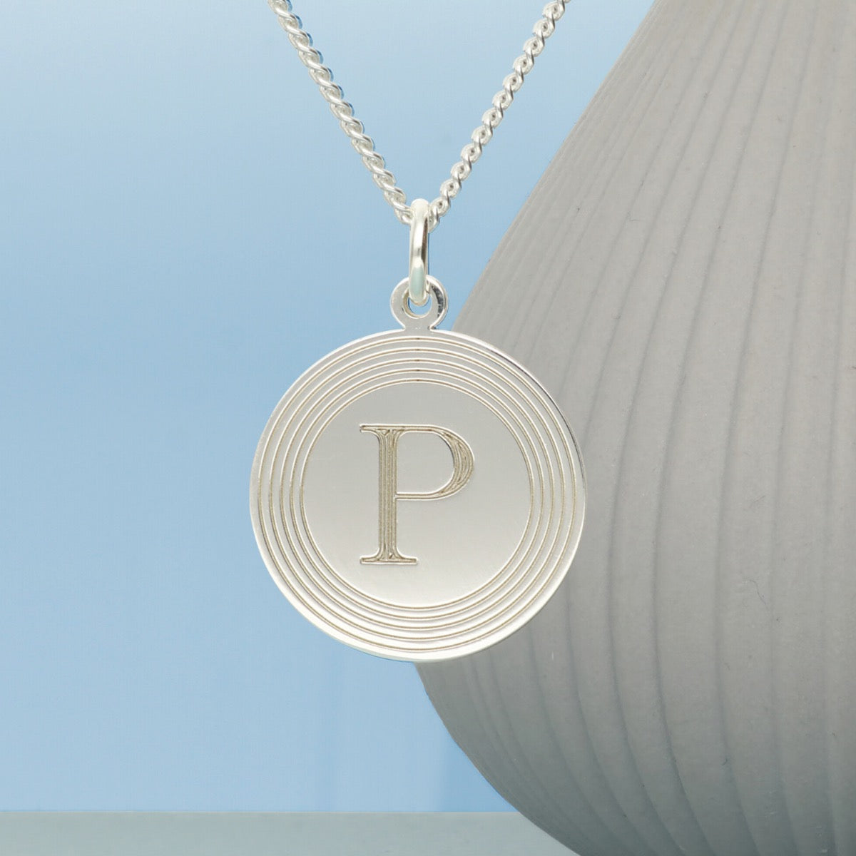 Sterling Silver Circular Engraved Initial Disc Necklace