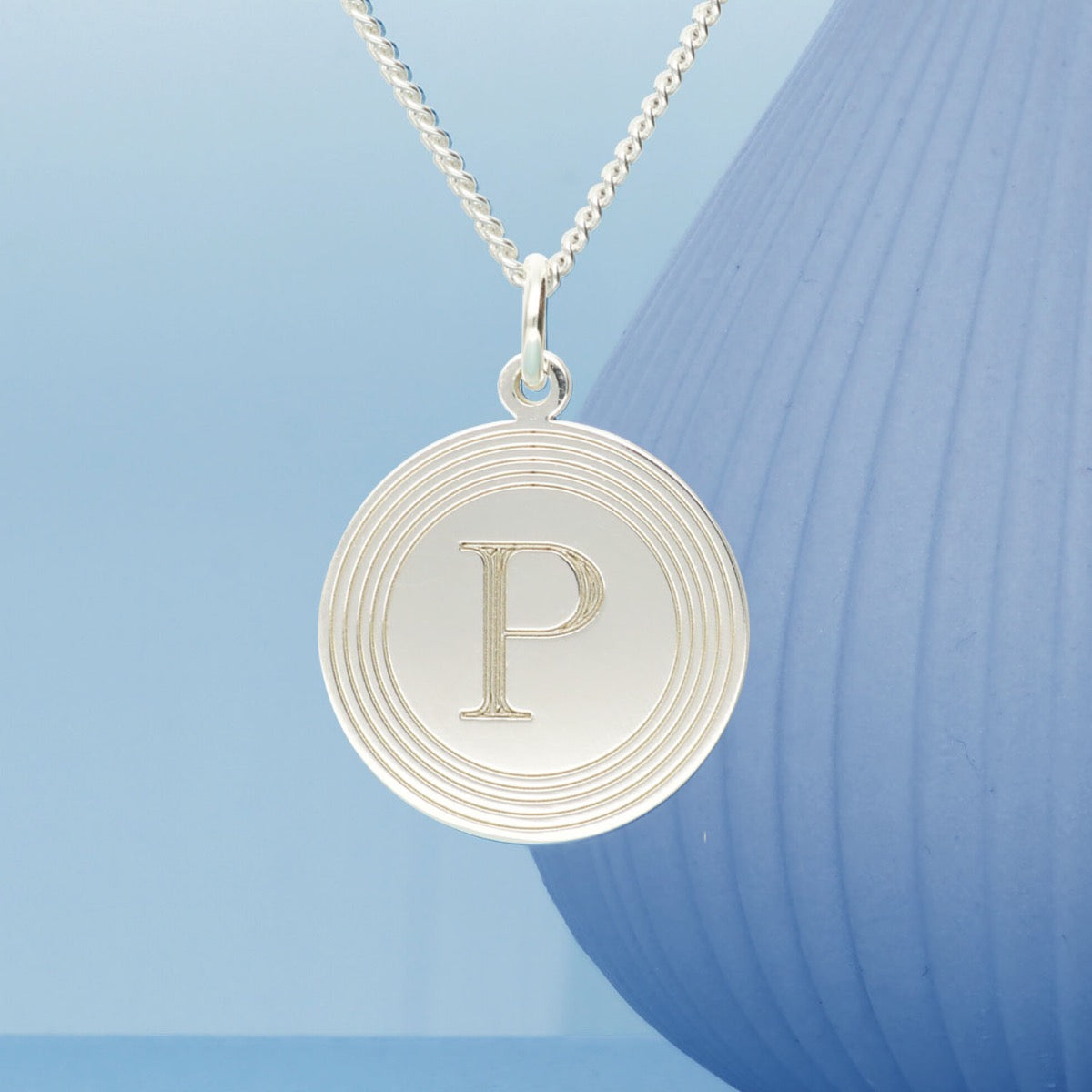 Sterling Silver Circular Engraved Initial Disc Necklace